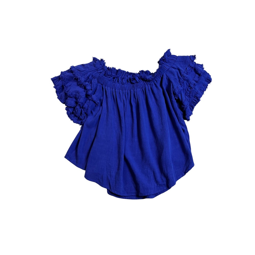 Umgee Royal Blue Linen Blend Ruffle Flutter Sleeve Boho Peasant Top Medium C2284 - Picture 3 of 9